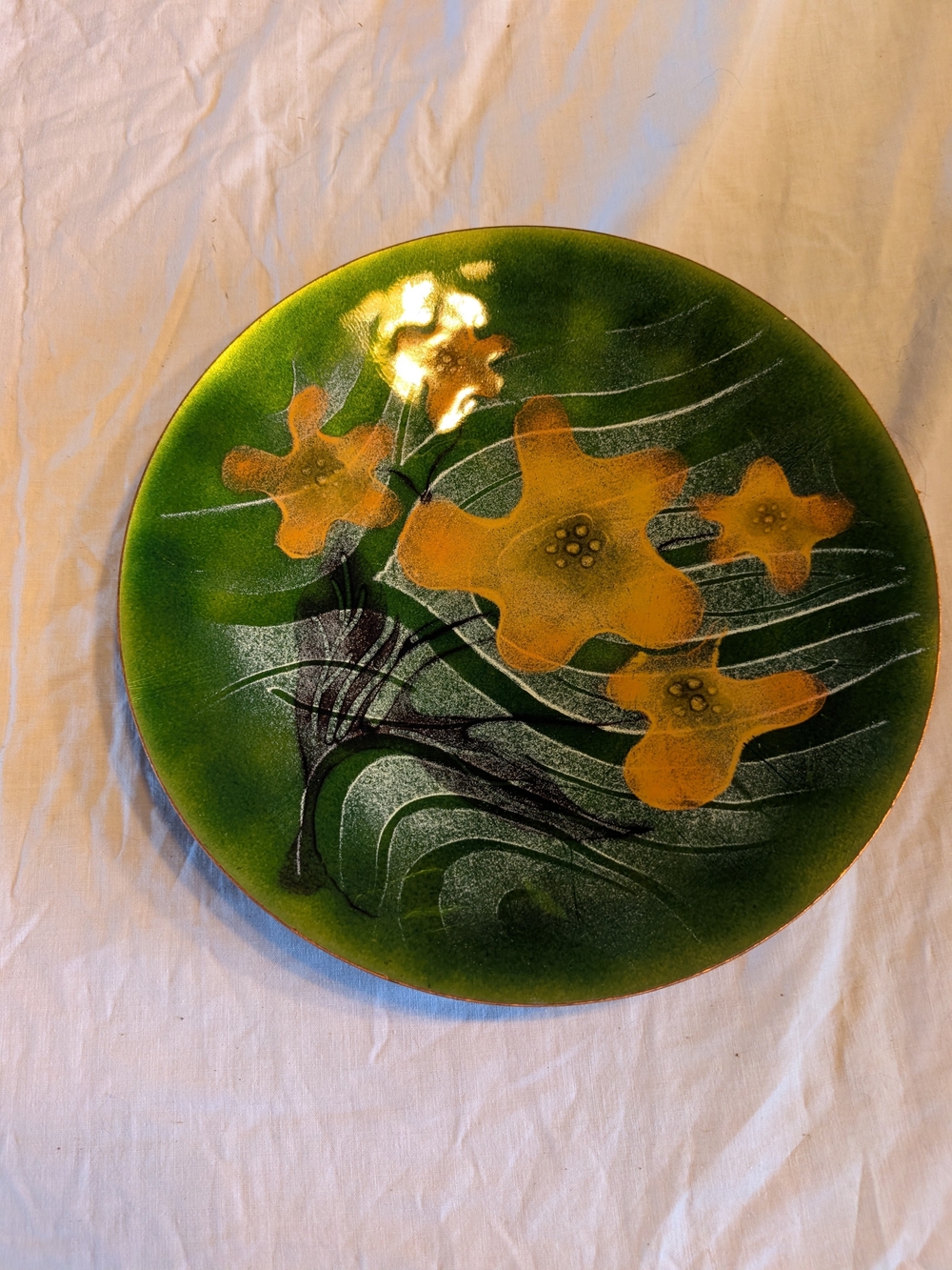 2/120$ Vintage Green and Orange Floral Decorative enamel on copper Plate